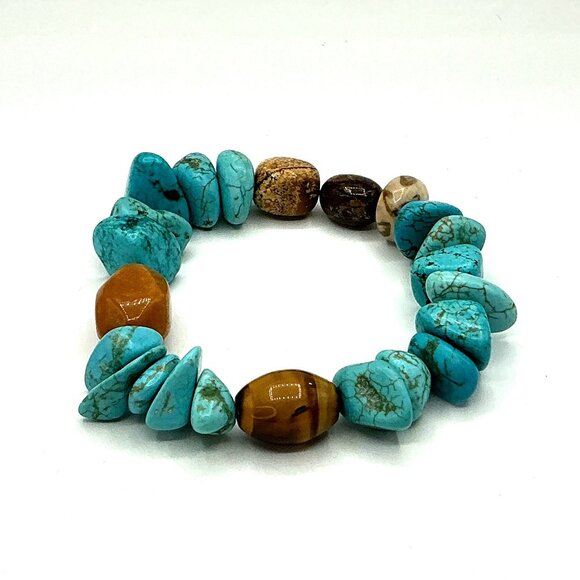Turquoise and Brown Gemstone Beaded Stretch Bracelet Natural Stones - Picture 2 of 4